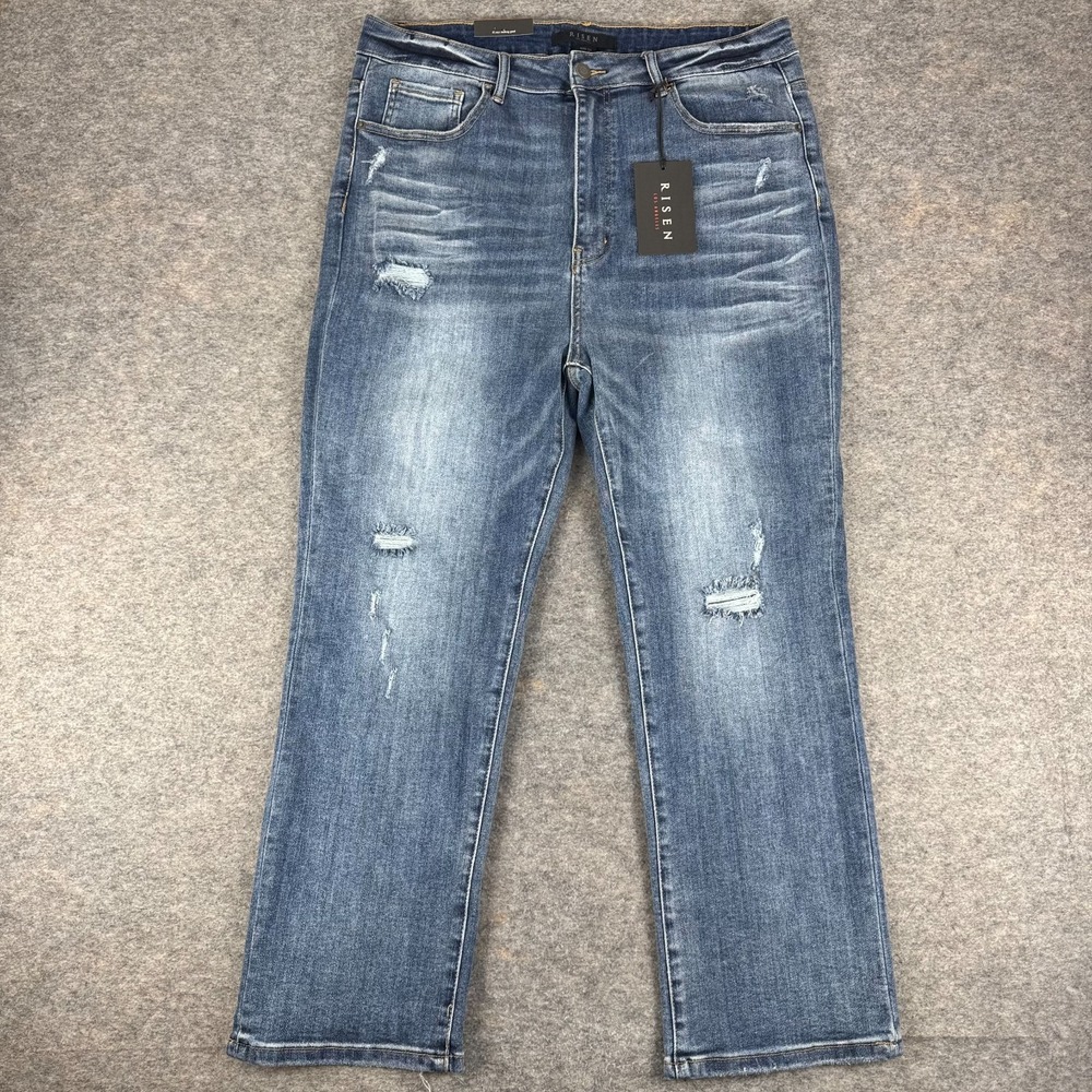 Risen Vintage Washed Straight Leg Distressed Jeans 27" Stretch Womens 2XL
